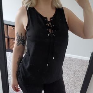 New black sheer discovery lace up tank top Medium